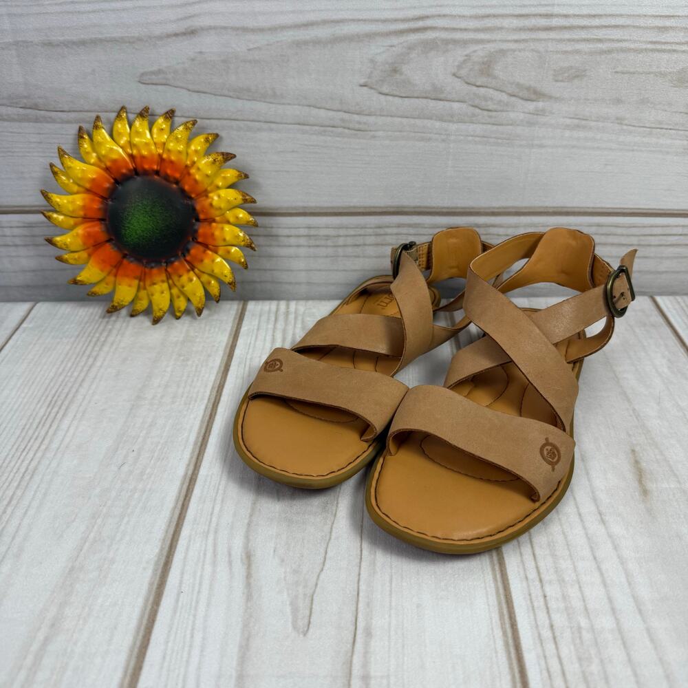 BORN Womens Tan Leather Strappy Ankle Strap Sandals Size 7